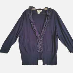 Coldwater Creek Cardigan Sweater 2X Navy Ruffle Lace Office Party Old Money